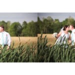 Two pictures of a bride and groom in a field.